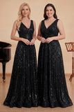 Sparkly A-Line Black Choir Dress with Sequins