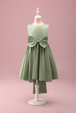 Grey Green A-Line Round Neck Satin Flower Girl Dress with Bow