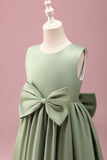 Grey Green A-Line Round Neck Satin Flower Girl Dress with Bow