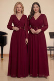 Burgundy Appliqued A Line Long Sleeves Chiffon Choir Dress