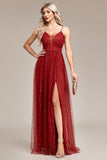 A-Line Sequins Rust Prom Dress with Slit