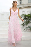 Pink Spaghetti Straps Prom Dress with Flowers