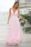 Pink Spaghetti Straps Prom Dress with Flowers