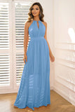 Blue A-Line Halter Sleeveless Long Formal Dress
