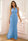 Blue A-Line Halter Sleeveless Long Formal Dress