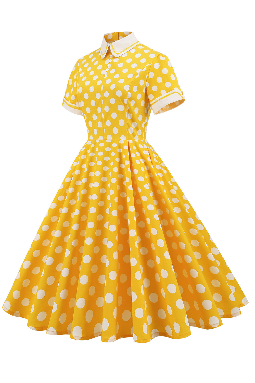 Zapaka Women Blue Polka Dots Vintage Dress Hepburn Style Swing Dress with Short Sleeves, Yellow White Dot / L Zapaka Women Blue Polka Dots Vintage Dress Hepburn Style Swing Dress with Short Sleeves, Yellow White Dot / L