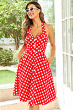 Hepburn Style Halter Neck Red Button Polka Dots 1950s Dress