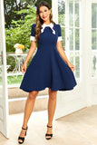 Hepburn Style Jewel Neck Navy 1950s Dress with Bowknot