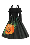 Halloween Pumpkin Printed Black Orange Cold Shoulder VIntage Dress