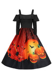 Halloween Pumpkin Printed Black Orange Cold Shoulder VIntage Dress
