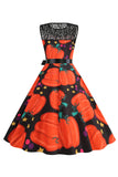 Halloween Pumpkin Printed Black Orange Vintage Dress