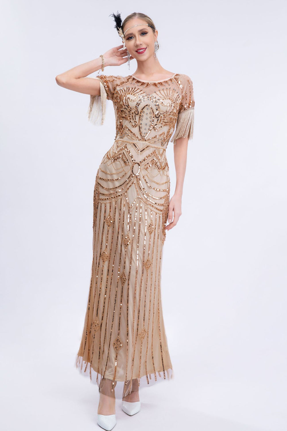 Bling Round Neck Champagne Fringes Long 1920s Dress with Short Sleeves