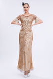 Bling Round Neck Champagne Fringes Long 1920s Dress with Short Sleeves