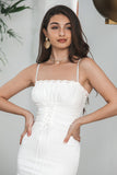 Bodycon Spaghetti Straps Cute White Graduation Dress with Lace