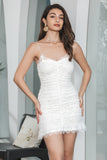 Bodycon Spaghetti Straps Pleated Little White Dresss with Lace