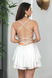 Cute White A Line Spaghetti Straps Lace-Up Back Short Graduation Dress