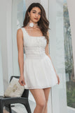 White A-Line Short Graduation Dress with Lace