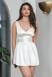 A-Line White V Neck Sleeveless Short Cute Graduation Dress