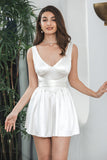 A-Line White V Neck Sleeveless Short Cute Graduation Dress