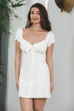 Sheath Single Breasted Lace-Up Little White Dress With Puff Sleeves