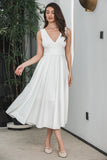 Elegant White A Line V Neck Sleeveless Graduation Dress with Hollow-out Back