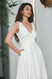 Elegant White A Line V Neck Sleeveless Graduation Dress with Hollow-out Back