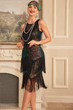 Glitter Black Green Sequins Fringes 1920s Gatsby Dress
