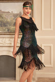Glitter Black Green Sequins Fringes 1920s Gatsby Dress