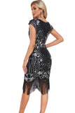 Black Sheath Cap Sleeves Sequins 1920s Flapper Dress with Fringes