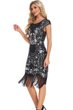 Black Sheath Cap Sleeves Sequins 1920s Flapper Dress with Fringes