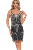 Glitter Black Silver Spaghetti Straps Beaded 1920s Flapper Dress