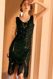 Sparkly Black Golden Sheath Sequins 1920s Flapper Dress with Fringe