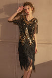 Sparkly Black Golden Short Sleeves V-neck Sequins 1920s Gatsby Dress with Fringes