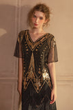 Sparkly Black Golden Short Sleeves V-neck Sequins 1920s Gatsby Dress with Fringes