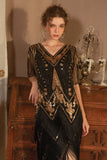 Sparkly Black Golden Short Sleeves V-neck Sequins 1920s Gatsby Dress with Fringes