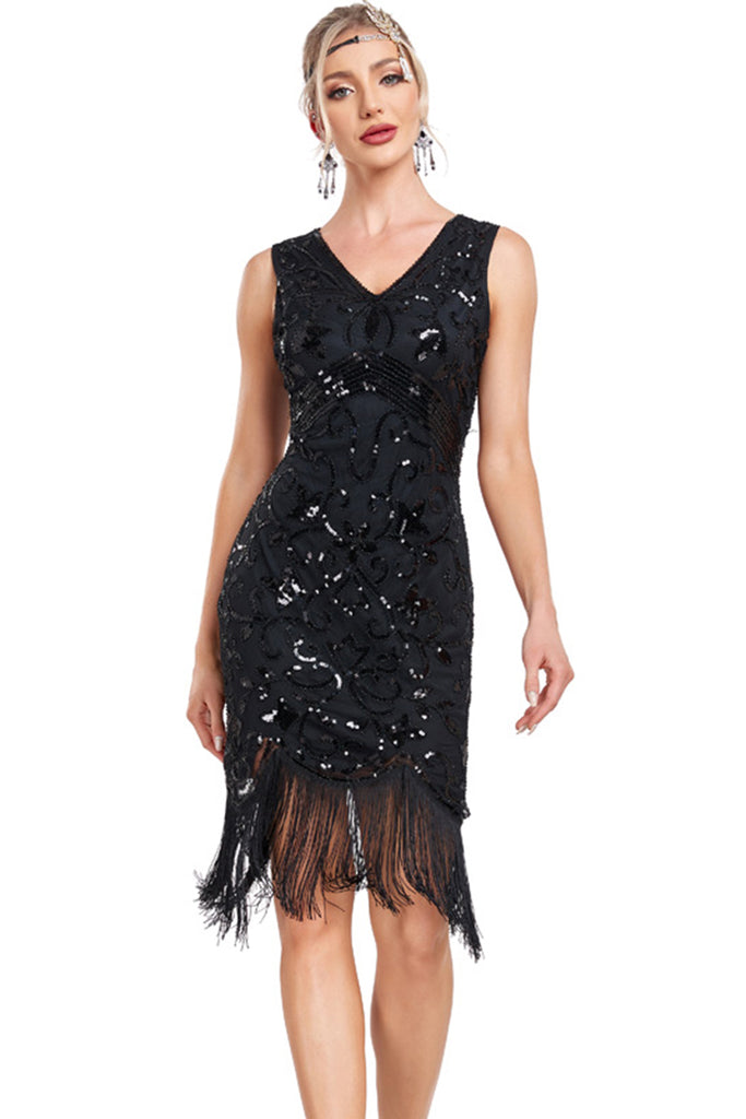 Sparkly Black Sequins 1920s Flapper Dress with 20s Accessories