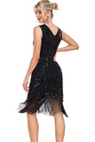 Sparkly Black Sequins V-Neck 1920s Flapper Dress with Fringes