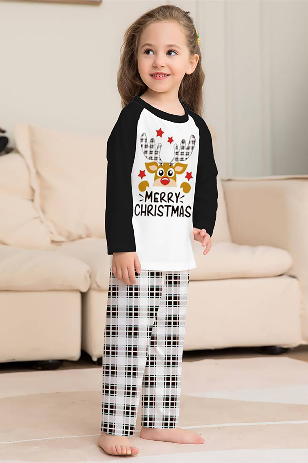 Black and White Plaid Christmas Deer Family Pajamas Set