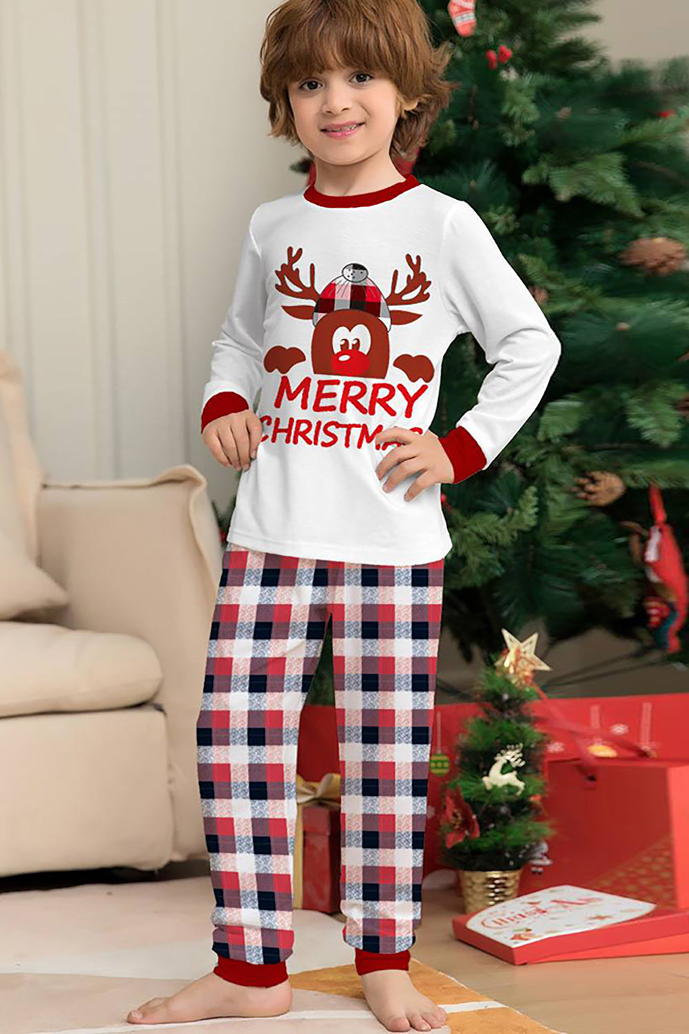 White Deer and Red Plaid Christmas Family Matching Pajamas Set