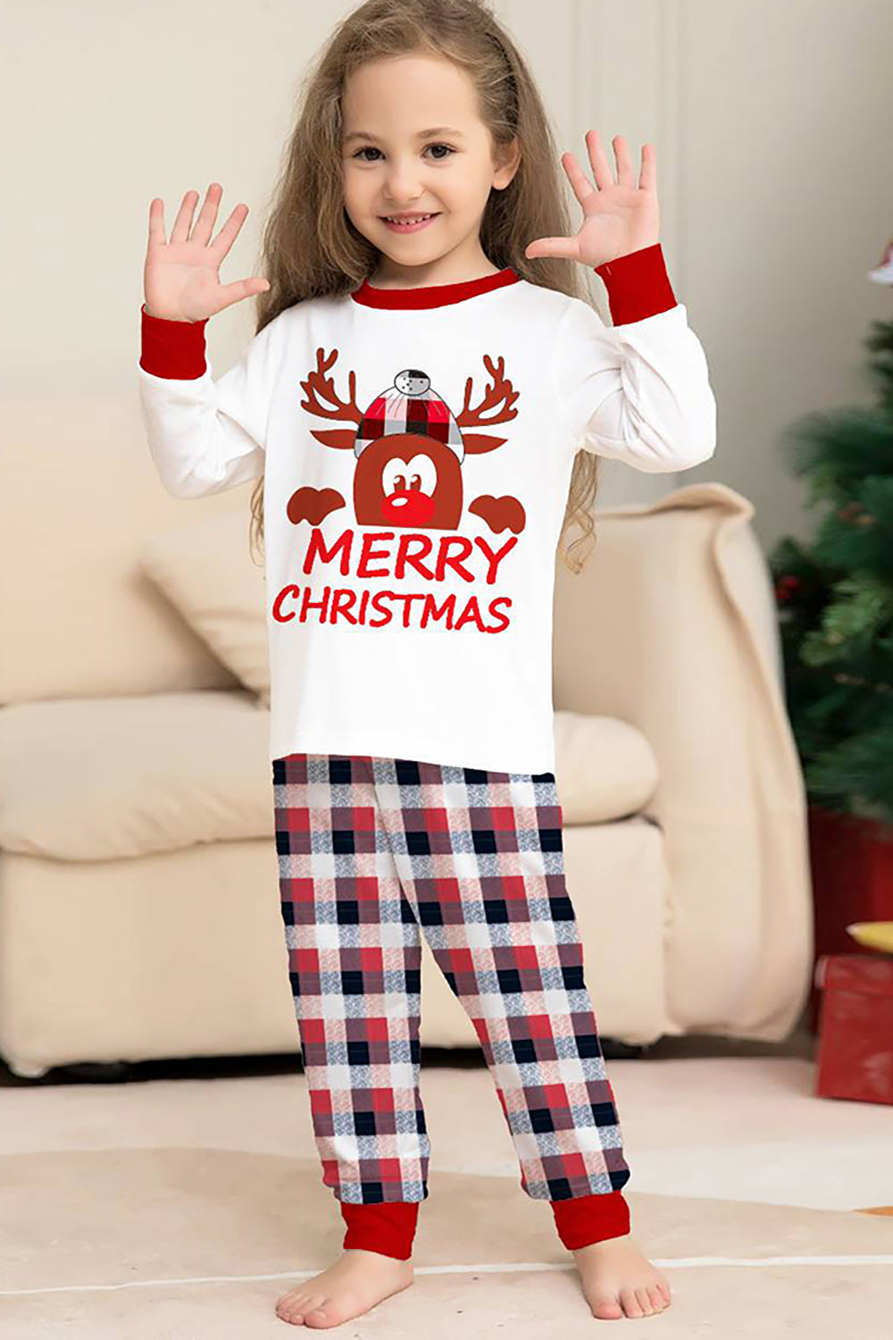 White Deer and Red Plaid Christmas Family Matching Pajamas Set