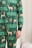 Dark Green Deer and Snowflake Print Pajamas Set for Men and Women Couples Family