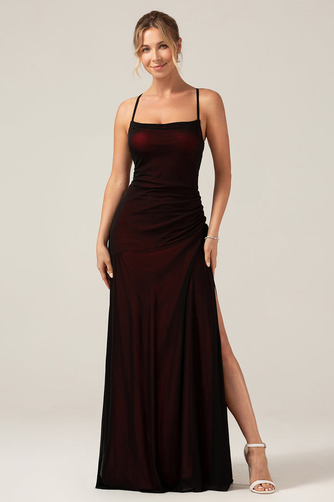 ZAPAKA Women Black Sheath Spaghetti Straps Long Bridesmaid Dress With ...