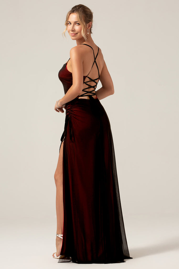 Black Red Sheath Bridesmaid Dress with Lace-up Back