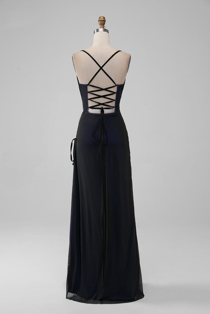 Back Blue Mermaid Spaghetti Straps Long Wedding Party Dress with Slit