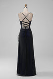 Black Blue Spaghetti Straps Mermaid Pleated Long Prom Dress with Slit