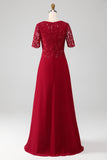 Burgundy A Line Round Neck Sequin Mother of Bride Dress With Appliques