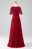Burgundy A Line Round Neck Sparkly Sequin Mother of Bride Dress With Appliques