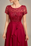 Sparkly Burgundy Asymmetrical Sequin Mother of Bride Dress with Appliques