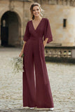 Simple Ivory V-Neck Wedding Jumpsuit with Pocket