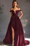 Black Off The Shoulder A Line Prom Dress with Slit